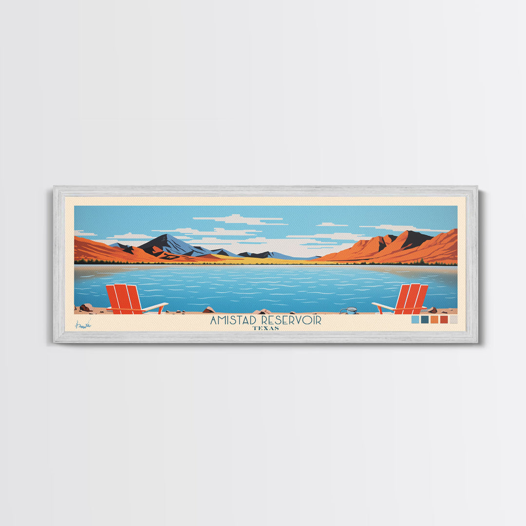 Amistad Reservoir Texas Framed Canvas Print, Panoramic Travel Poster, Midcentury Modern Wall Art, Pop Art, Nature Bedroom Decor