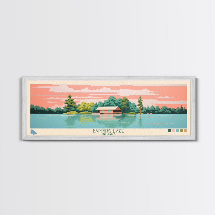 Banning Lake Indiana Framed Canvas Print, Panoramic Travel Poster, Midcentury Modern Wall Art, Pop Art, Bedroom Decor