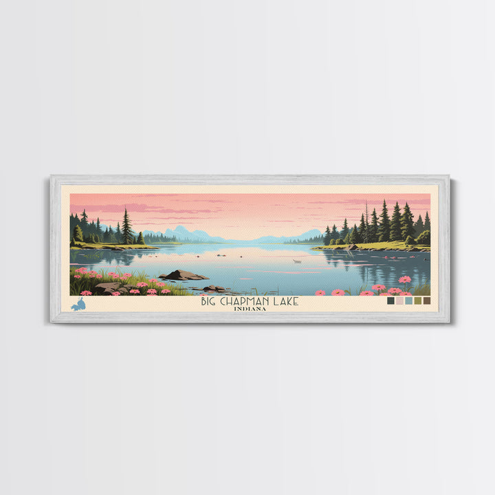 Big Chapman Lake Indiana Framed Canvas Print, Panoramic Travel Poster, Midcentury Modern Wall Art, Pop Art, Nature Lake House Art, Bedroom Decor