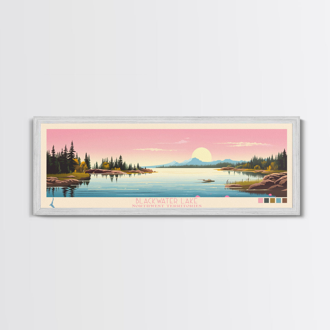 Blackwater Lake Northwest Territories Framed Canvas Print, Panoramic Wall Art, Midcentury Modern, Pop Art, Travel Poster, Scenic Living Room Art, Lake House Decor