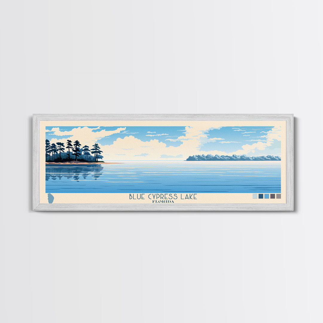 Blue Cypress Lake Florida Framed Canvas Print, Panoramic Wall Art, Midcentury Modern, Pop Art, Travel Poster, Scenic Living Room Art, Lake House Decor