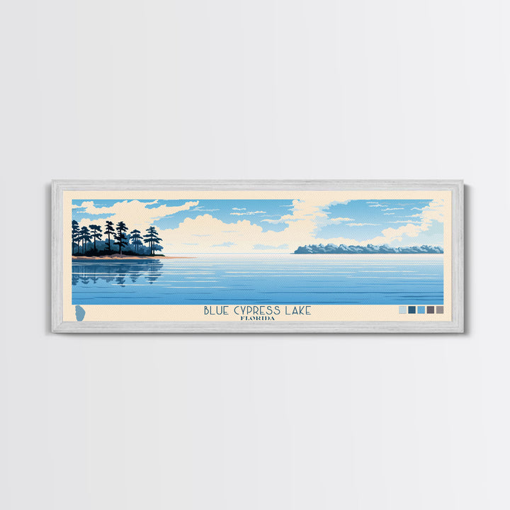 Blue Cypress Lake Florida Framed Canvas Print, Panoramic Wall Art, Midcentury Modern, Pop Art, Travel Poster, Scenic Living Room Art, Lake House Decor