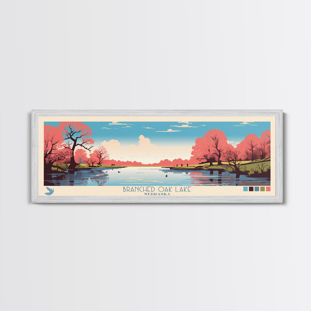 Branched Oak Lake Nebraska Framed Canvas Print, Pop Art Panoramic Travel Poster, Bedroom Decor, Midcentury Modern, Wall Art, Scenic Lake House