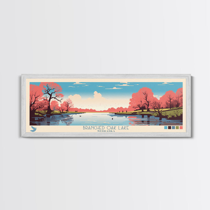 Branched Oak Lake Nebraska Framed Canvas Print, Pop Art Panoramic Travel Poster, Bedroom Decor, Midcentury Modern, Wall Art, Scenic Lake House