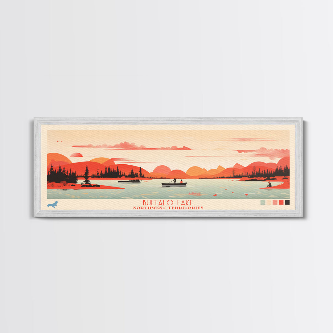 Buffalo Lake Northwest Territories Framed Canvas Print, Pop Art Panoramic Travel Poster, Midcentury Modern, Wall Art, Scenic Nature Painting, Bedroom Decor