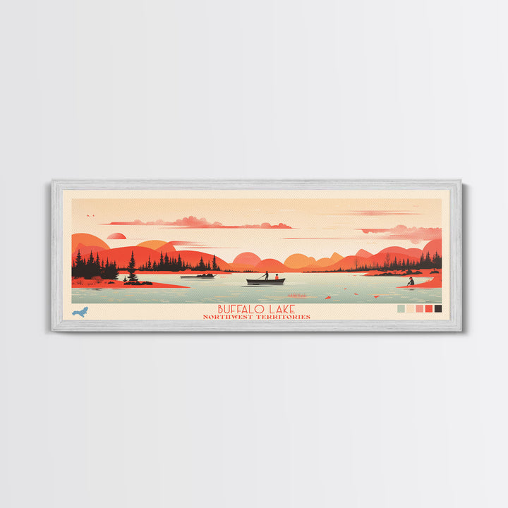 Buffalo Lake Northwest Territories Framed Canvas Print, Pop Art Panoramic Travel Poster, Midcentury Modern, Wall Art, Scenic Nature Painting, Bedroom Decor