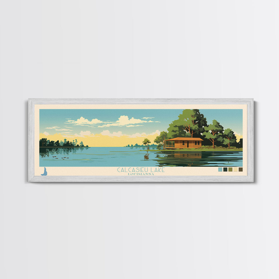 Calcasieu Lake Louisianna Framed Canvas Print, Pop Art Panoramic Travel Poster, Midcentury Modern, Wall Art, Scenic Nature Painting, Bedroom Decor
