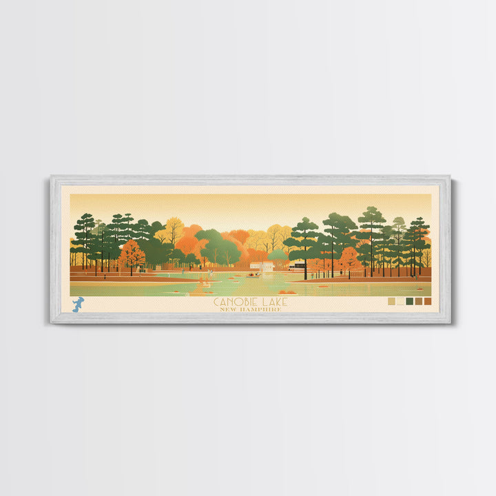 Canobie Lake New Hamphire Framed Canvas Print, Midcentury Modern Panoramic Wall Art, Living Room Decor, Pop Art, Travel Poster Art, Scenic Nature Painting