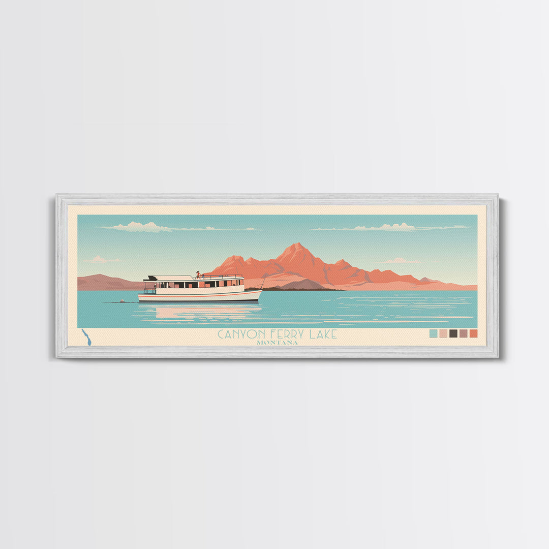 Canyon Ferry Lake Montana Framed Canvas Print, Pop Art Panoramic Travel Poster, Bedroom Decor, Midcentury Modern, Wall Art, Scenic Lake House, Nature Art
