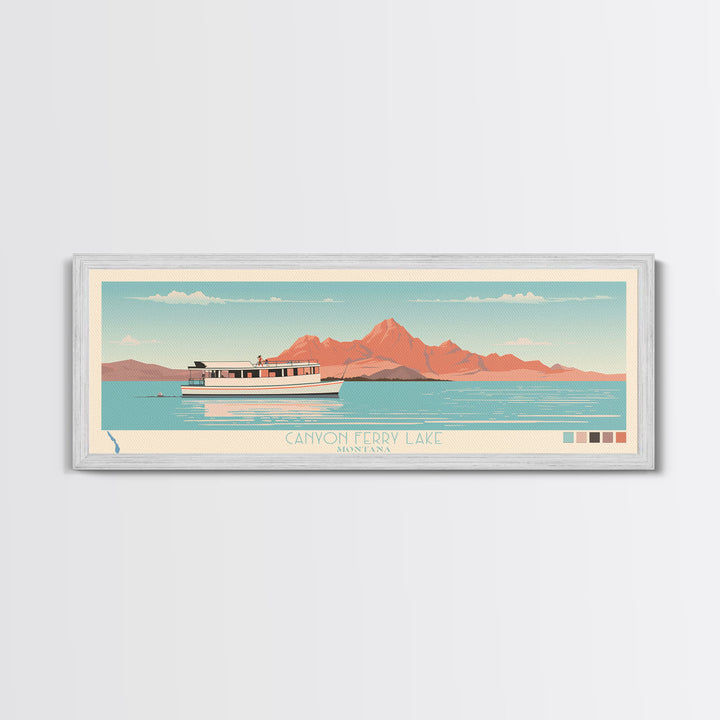 Canyon Ferry Lake Montana Framed Canvas Print, Pop Art Panoramic Travel Poster, Bedroom Decor, Midcentury Modern, Wall Art, Scenic Lake House, Nature Art
