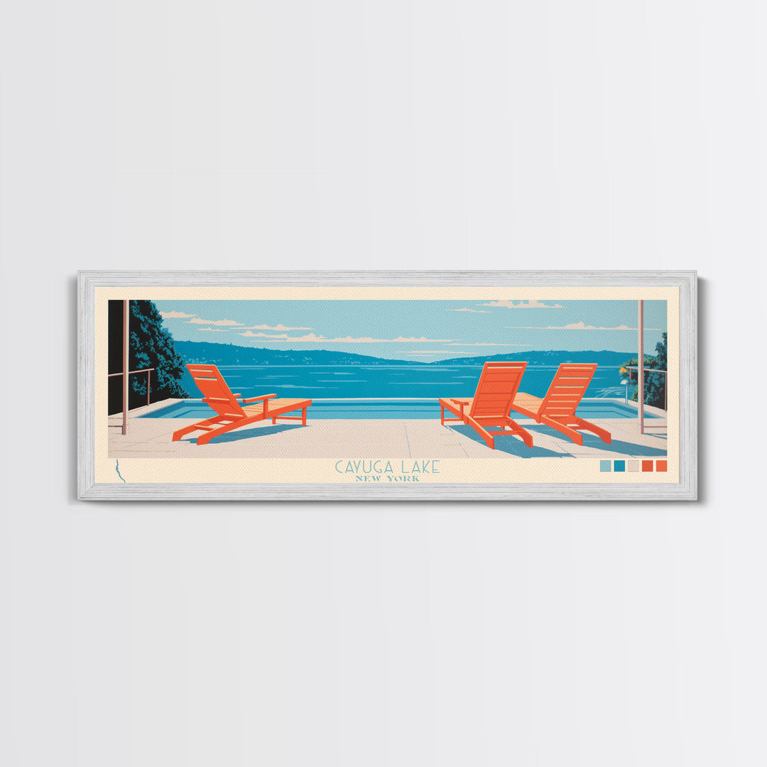 Cayuga Lake New York Framed Canvas Print, Pop Art Panoramic Travel Poster, Midcentury Modern, Wall Art, Scenic Nature Painting, Bedroom Decor, Living Room Art