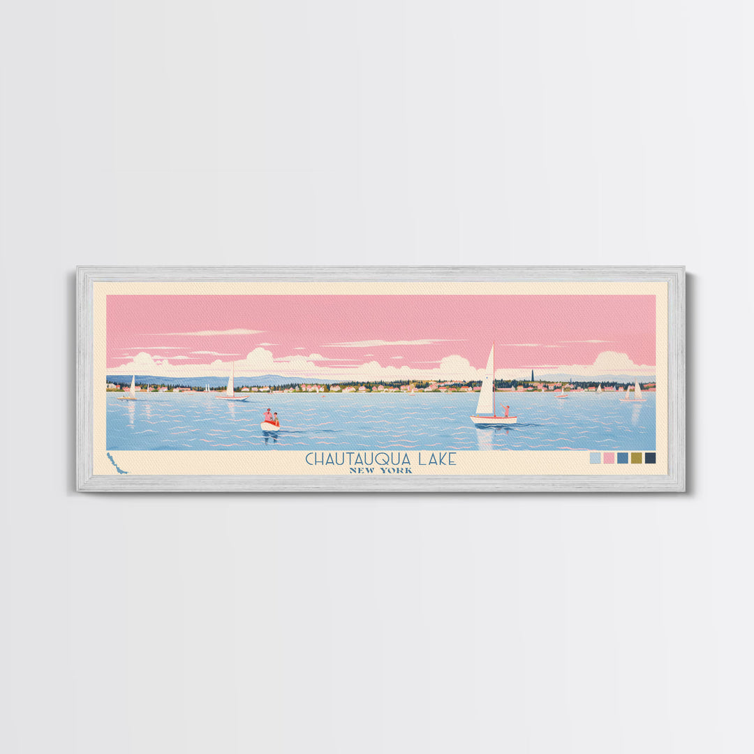 Chautauqua Lake New York Framed Canvas Print, Pop Art Panoramic Travel Poster, Midcentury Modern, Wall Art, Scenic Nature Painting, Bedroom Decor, Living Room Art