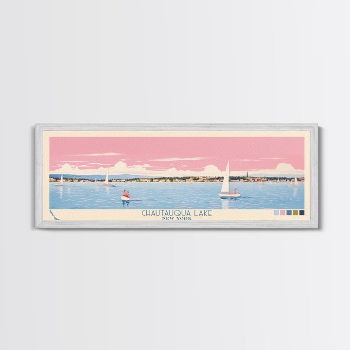 Chautauqua Lake New York Framed Canvas Print, Pop Art Panoramic Travel Poster, Midcentury Modern, Wall Art, Scenic Nature Painting, Bedroom Decor, Living Room Art
