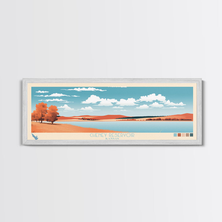 Cheney Reservoir Kansas Framed Canvas Print, Midcentury Modern Panoramic Wall Art, Living Room Decor, Pop Art, Travel Poster Art, Scenic Nature Painting, Lake House Decor