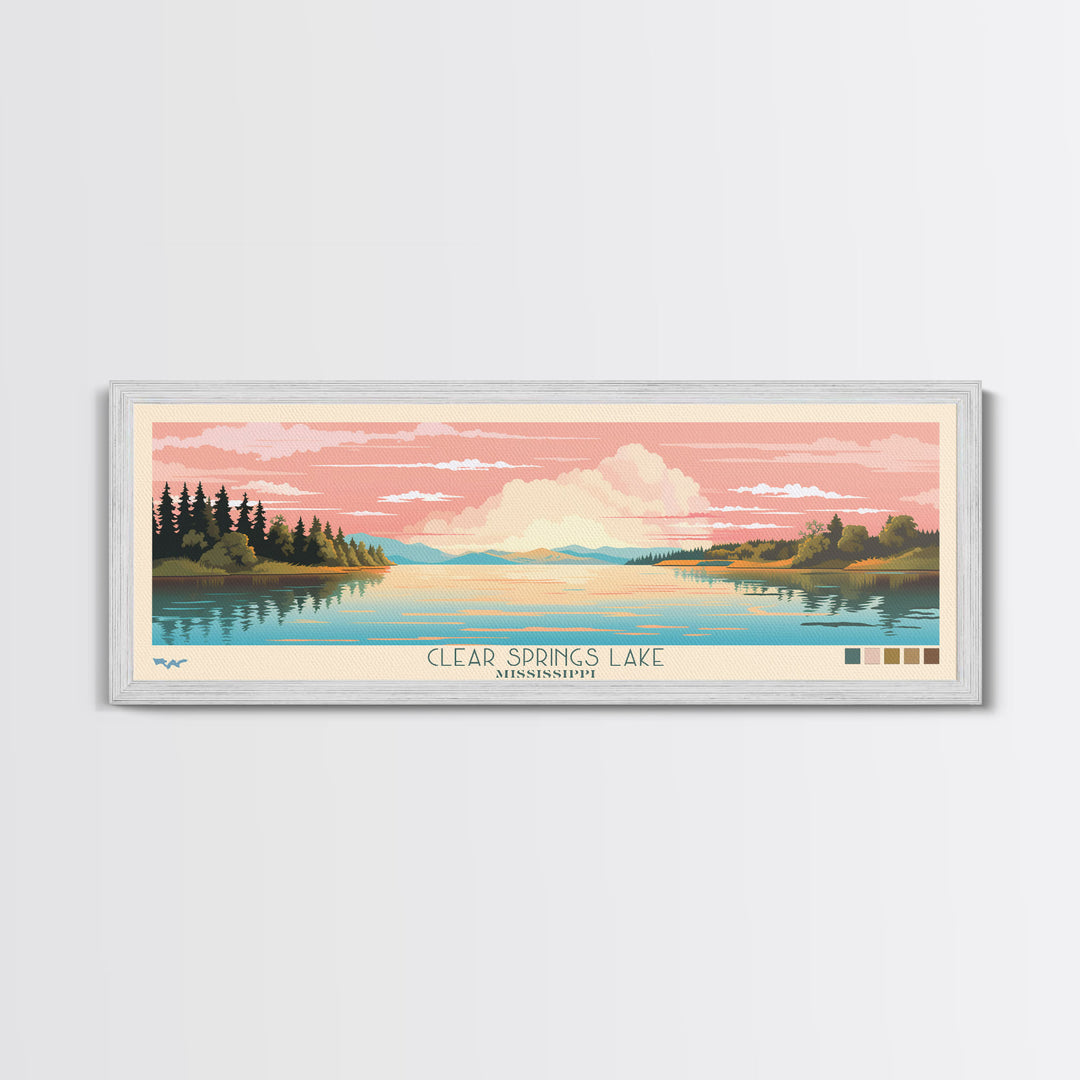 Clear Springs Lake Mississippi Framed Canvas Print, Pop Art Panoramic Travel Poster, Midcentury Modern, Wall Art, Scenic Nature Painting, Bedroom Decor, Living Room Art