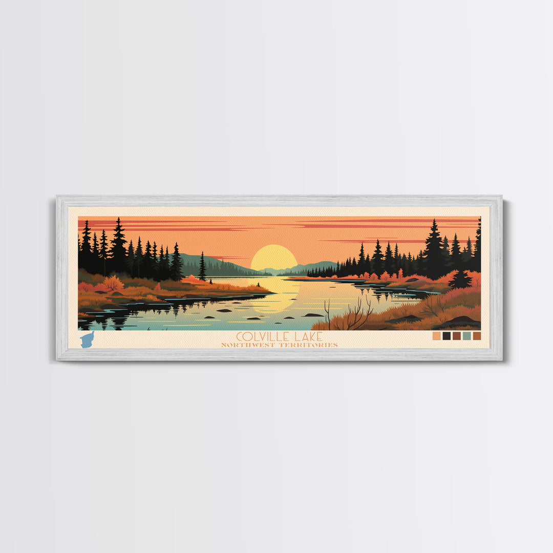 Colville Lake Northwest Territories Framed Canvas Print, Pop Art Panoramic Travel Poster, Bedroom Decor, Midcentury Modern, Wall Art, Scenic Lake House, Nature Art