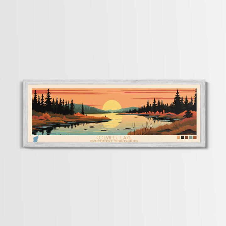 Colville Lake Northwest Territories Framed Canvas Print, Pop Art Panoramic Travel Poster, Bedroom Decor, Midcentury Modern, Wall Art, Scenic Lake House, Nature Art