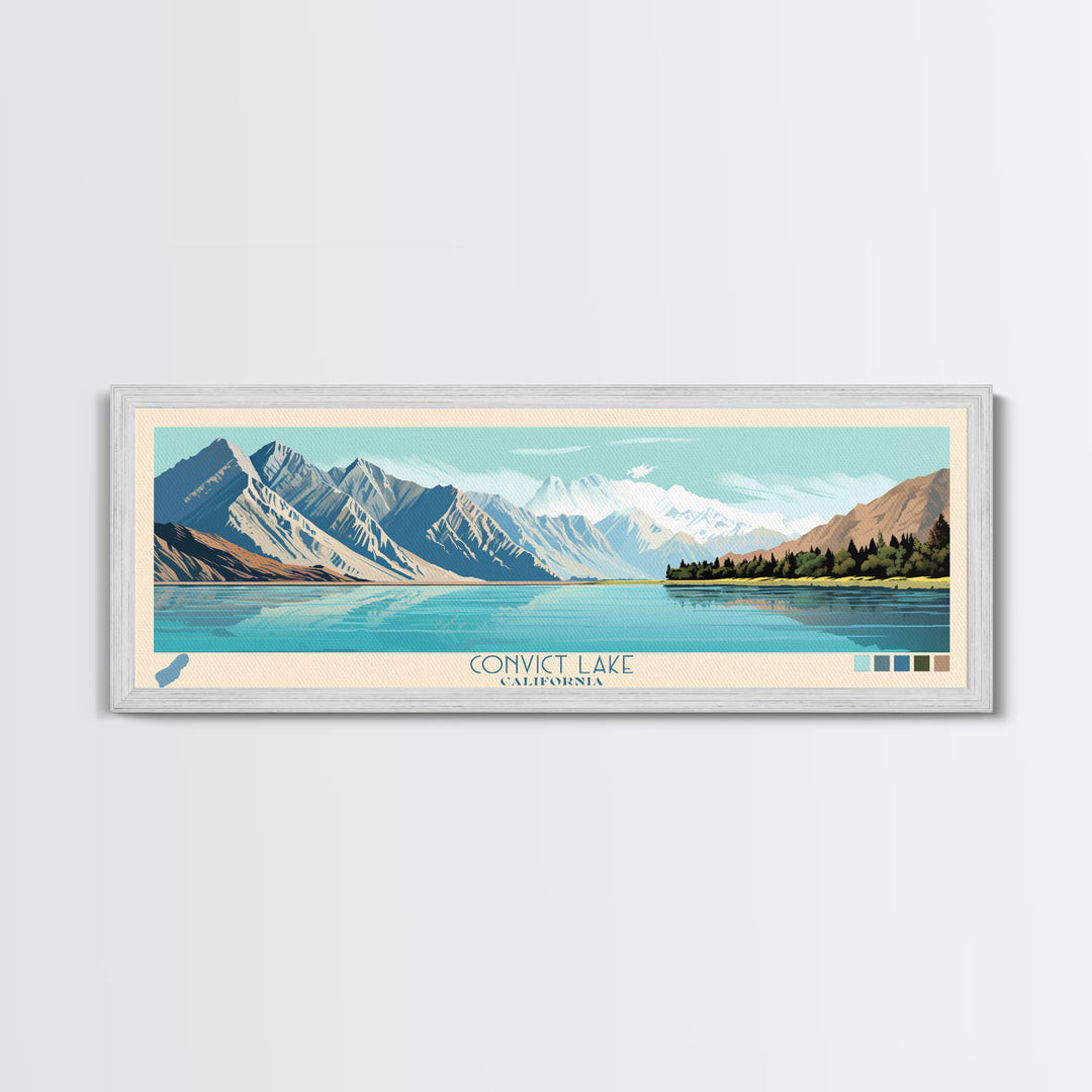 Convict Lake California Framed Canvas Print, Midcentury Modern Panoramic Wall Art, Living Room Decor, Pop Art, Travel Poster Art, Nature Art, Lake House Decor