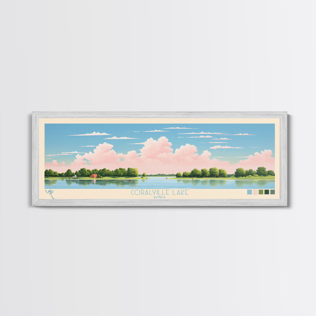 Coralville Lake Iowa Framed Canvas Print, Midcentury Modern Panoramic Wall Art, Living Room Decor, Pop Art, Travel Poster Art, Scenic Nature Painting, Lake House Decor
