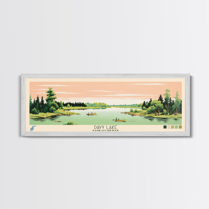 Davy Lake Saskatchewan Framed Canvas Print, Midcentury Modern Panoramic Wall Art, Living Room Decor, Pop Art, Travel Poster Art, Scenic Nature Painting