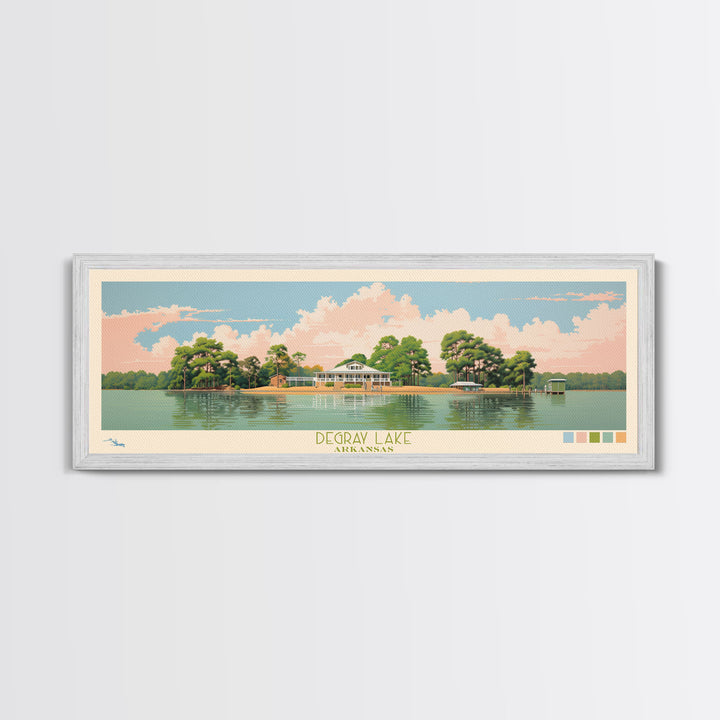 DeGray Lake Arkansas Framed Canvas Print, Midcentury Modern Panoramic Wall Art, Bedroom Decor, Pop Art, Travel Poster Art, Scenic Nature Painting