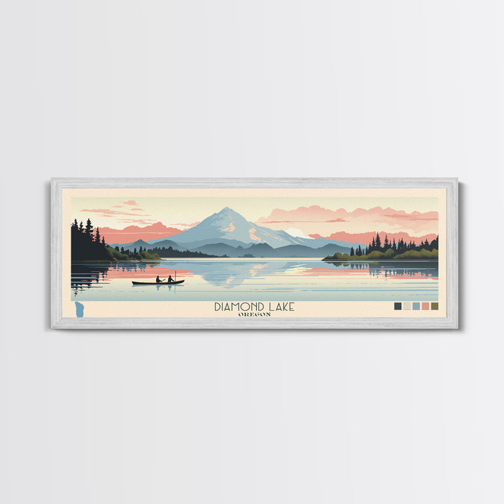 Diamond Lake Oregon Framed Canvas Print, Midcentury Modern Panoramic Wall Art, Bedroom Decor, Pop Art, Travel Poster Art, Scenic Nature Painting