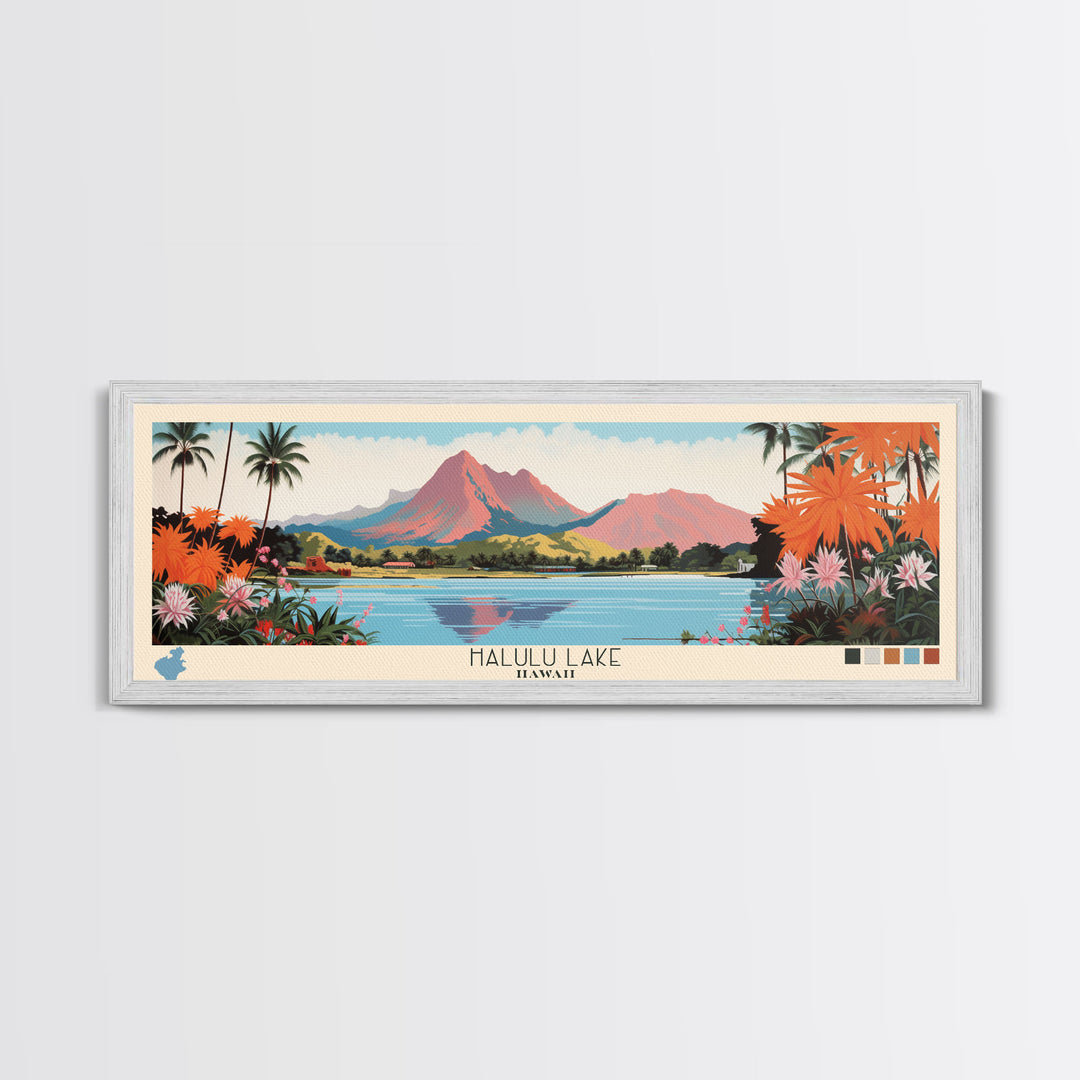 Halulu Lake Hawaii Framed Canvas Print, Panoramic Art, Midcentury Modern, Pop Art, Bedroom Decor, Travel Poster, Artistic Decor, Home Decor