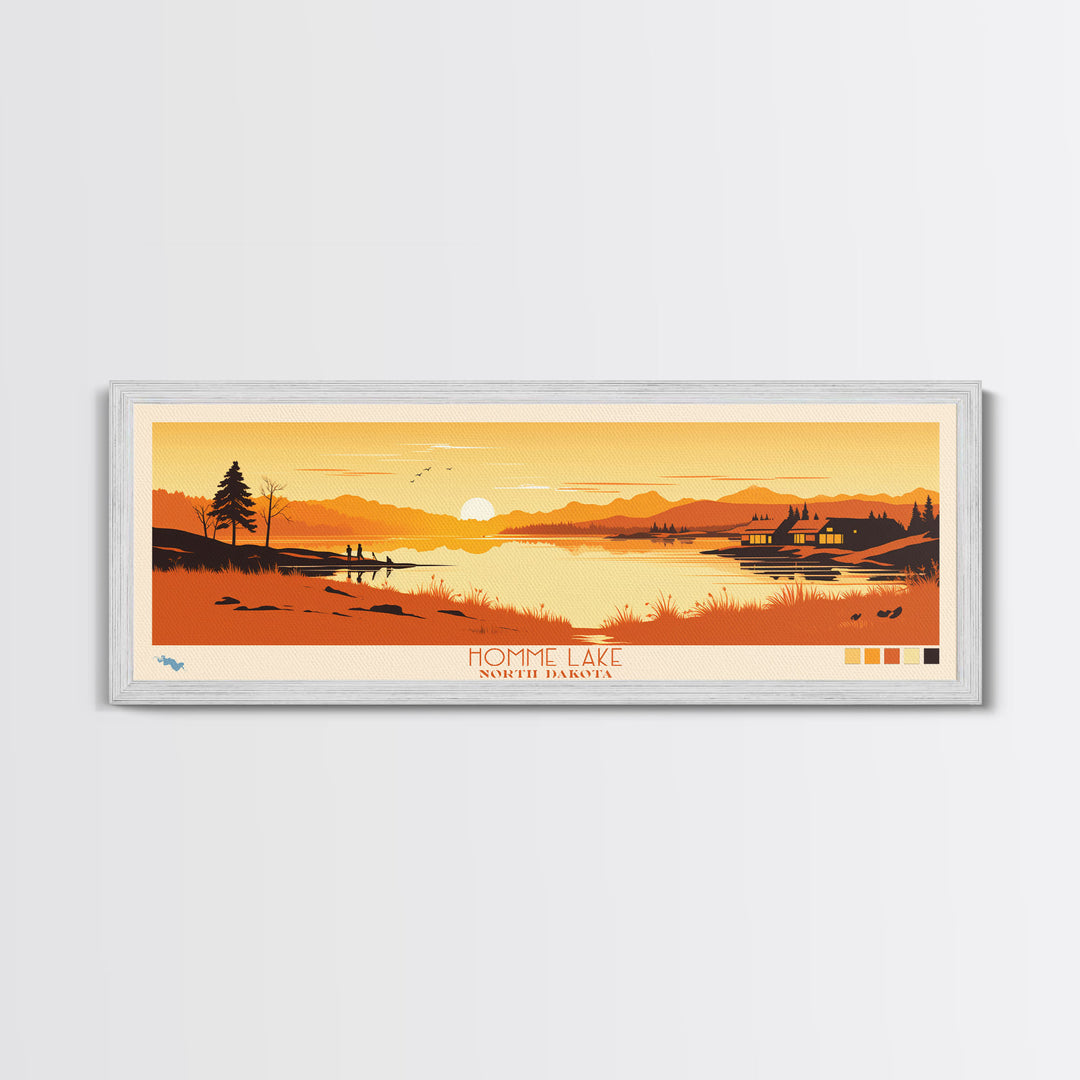 Homme Lake North Dakota Framed Canvas Print, Panoramic Wall Art, Midcentury Modern, Pop Art, Bedroom Decor, Travel Poster, Artistic Home Decor