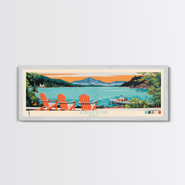 Jordan Pond Maine Framed Canvas Print, Panoramic Wall Art, Midcentury Modern, Pop Art, Bedroom Decor, Travel Poster, Artistic Home Decor