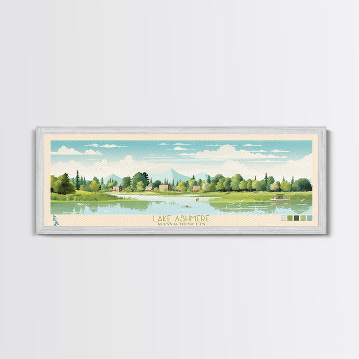 Lake Ashmere Massachusetts Framed Canvas Print, Panoramic Art, Midcentury Modern, Pop Art, Living Room Wall Art, Travel Poster, Lake House Decor