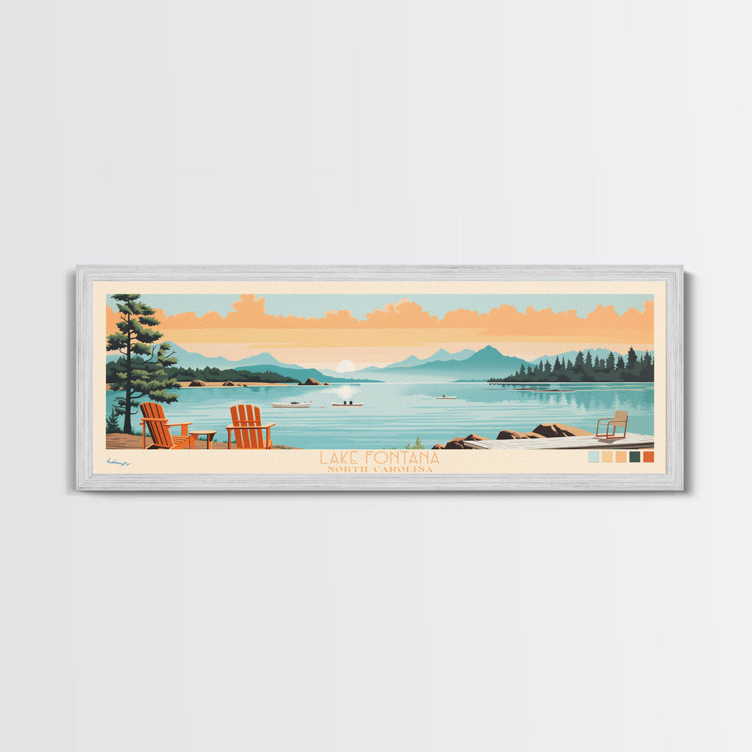 Lake Fontana North Carolina Framed Canvas Print, Panoramic Art, Midcentury Modern, Pop Art, Living Room Wall Art, Travel Poster, Lake House Decor