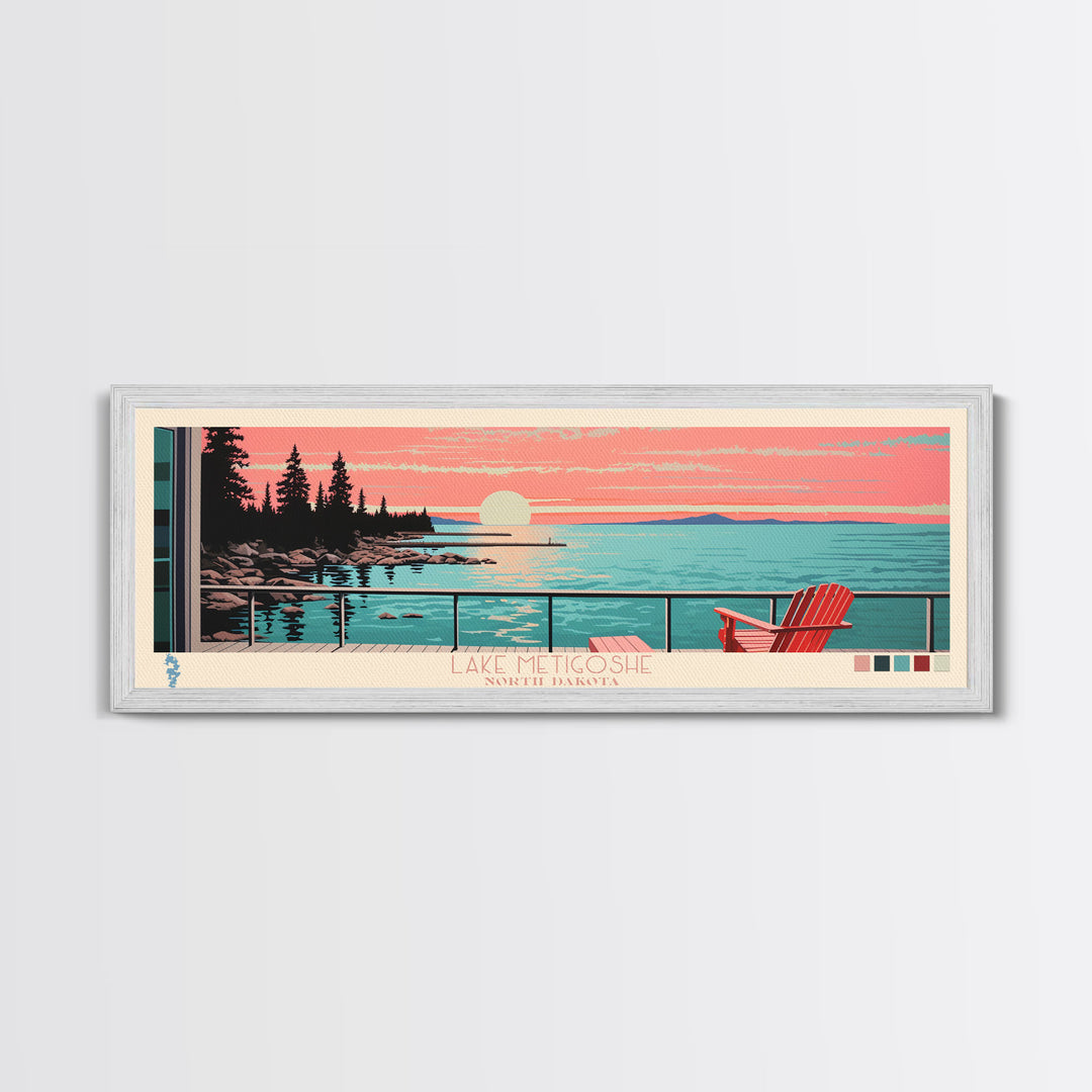 Lake Metigoshe North Dakota Framed Canvas Print, Panoramic Wall Art, Midcentury Modern, Pop Art, Living Room Decor, Travel Poster