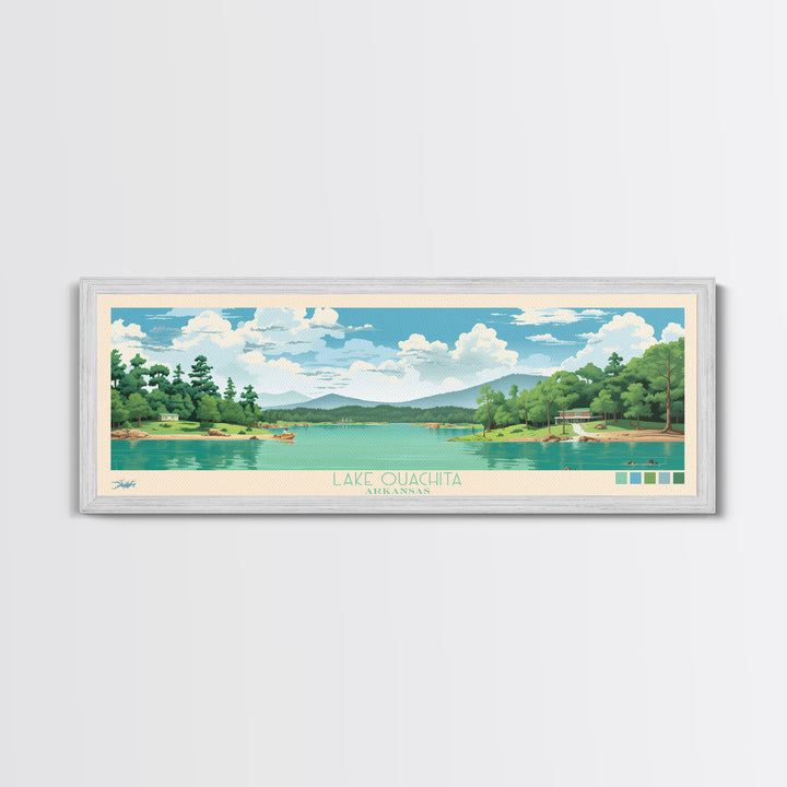 Lake Ouachita Arkansas Framed Canvas Print, Panoramic Wall Art, Midcentury Modern, Pop Art, Living Room Decor, Travel Poster, Lake House Art