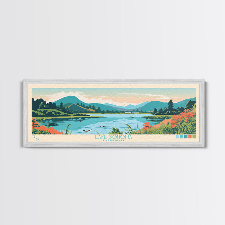 Lake Sonoma California Framed Canvas Print, Panoramic Wall Art, Midcentury Modern, Pop Art, Living Room Decor, Travel Poster, Lake House Art