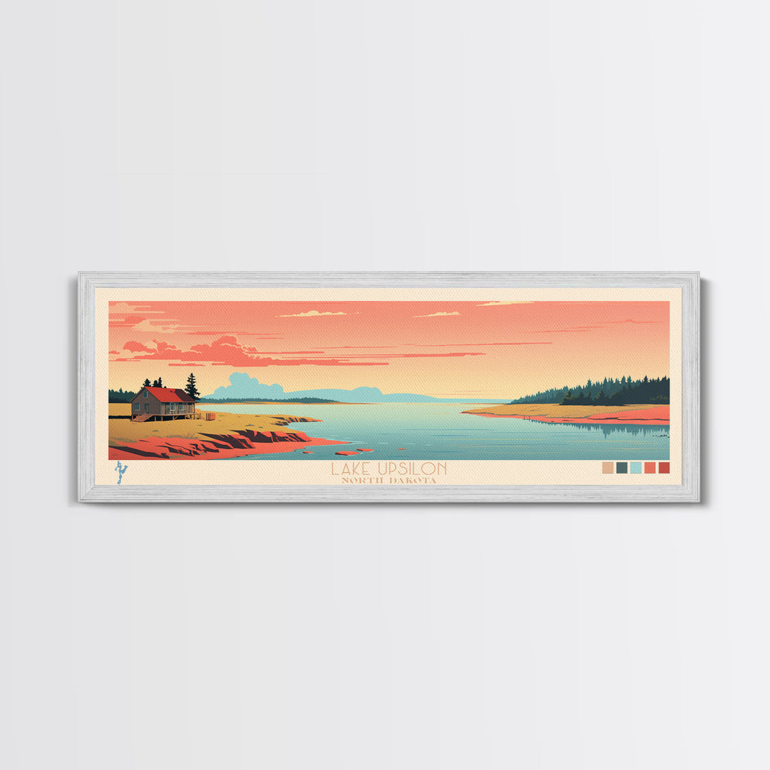 Lake Upsilon, North Dakota Panoramic Wall Art Framed Canvas Print, Midcentury Modern, Pop Art, Home Decor, Travel Poster, Living Room Art