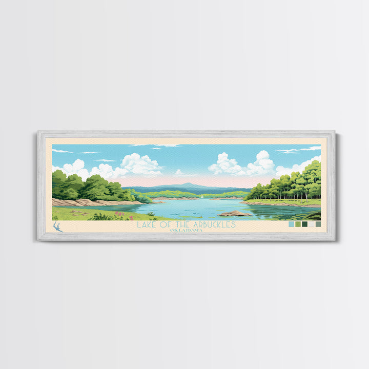 Lake of the Arbuckles Oklahoma Framed Canvas Print, Panoramic Wall Art, Midcentury Modern, Pop Art, Bedroom Art, Travel Poster, Lake House Decor