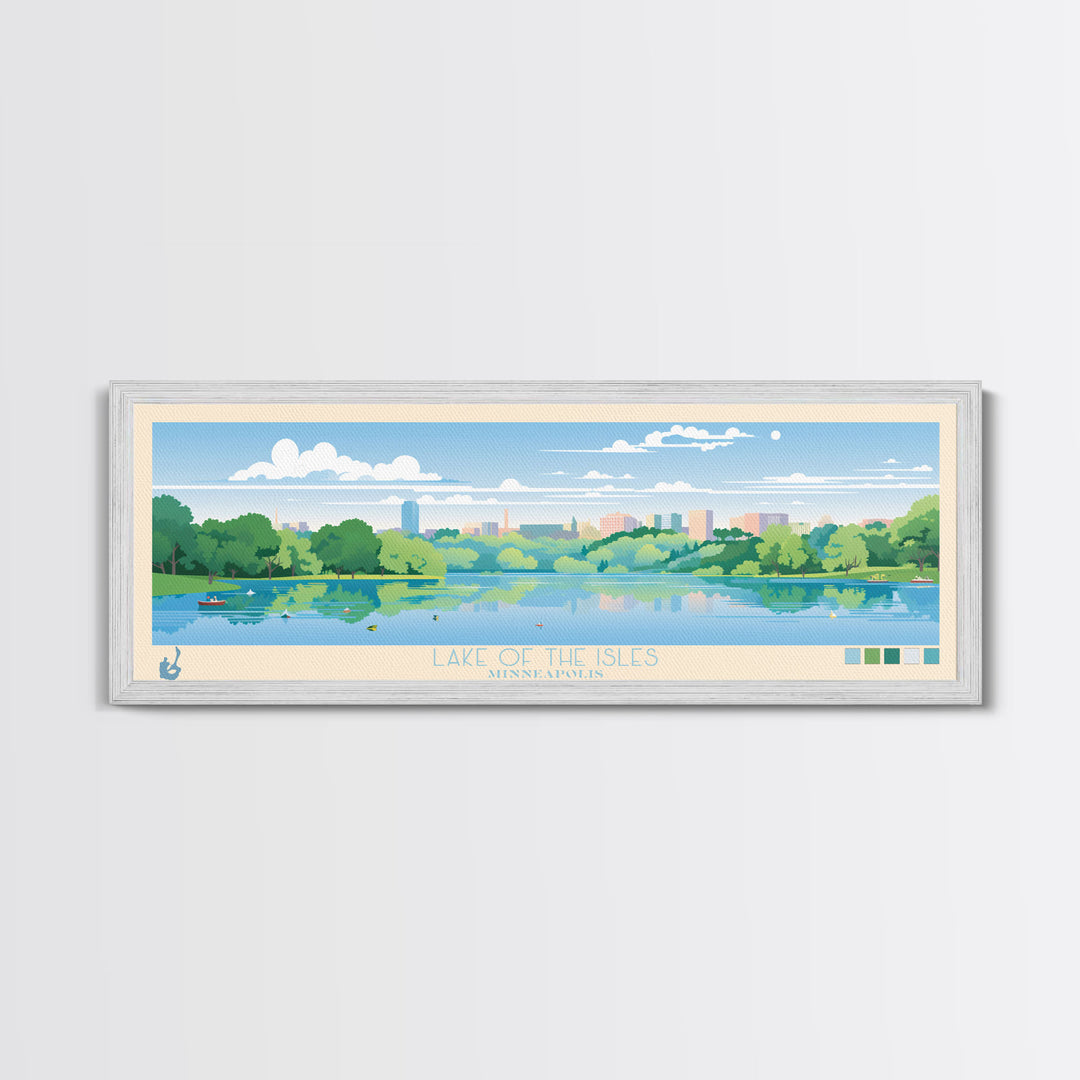 Lake of the Isles Minneapolis Framed Canvas Print, Panoramic Wall Art, Midcentury Modern, Pop Art, Living Room Decor, Travel Poster, Lake House Art