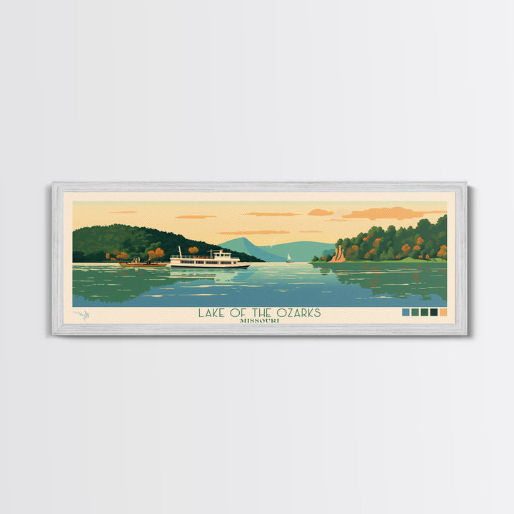 Lake of the Ozarks Missouri Framed Canvas Print, Panoramic Wall Art, Midcentury Modern, Pop Art, Living Room Decor, Travel Poster, Lake House Art