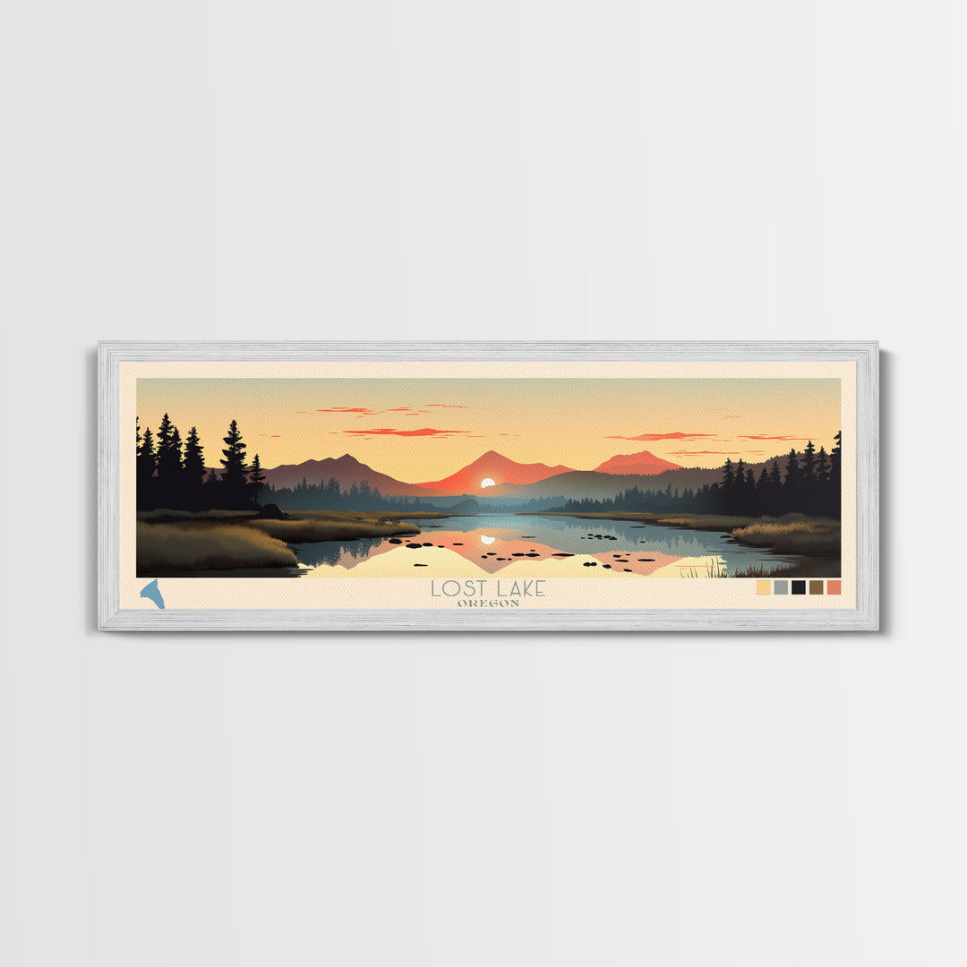 Lost Lake, Oregon Panoramic Wall Art Framed Canvas Print, Midcentury Modern, Pop Art, Home Decor, Travel Poster, Bedroom Art
