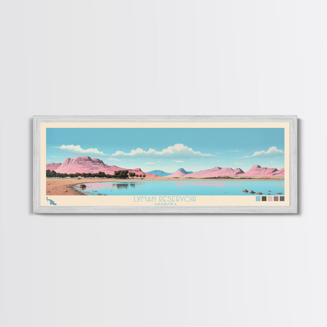 Lyman Reservoir, Arizona Panoramic Wall Art Framed Canvas Print, Midcentury Modern, Pop Art, Home Decor, Travel Poster, Bedroom Art