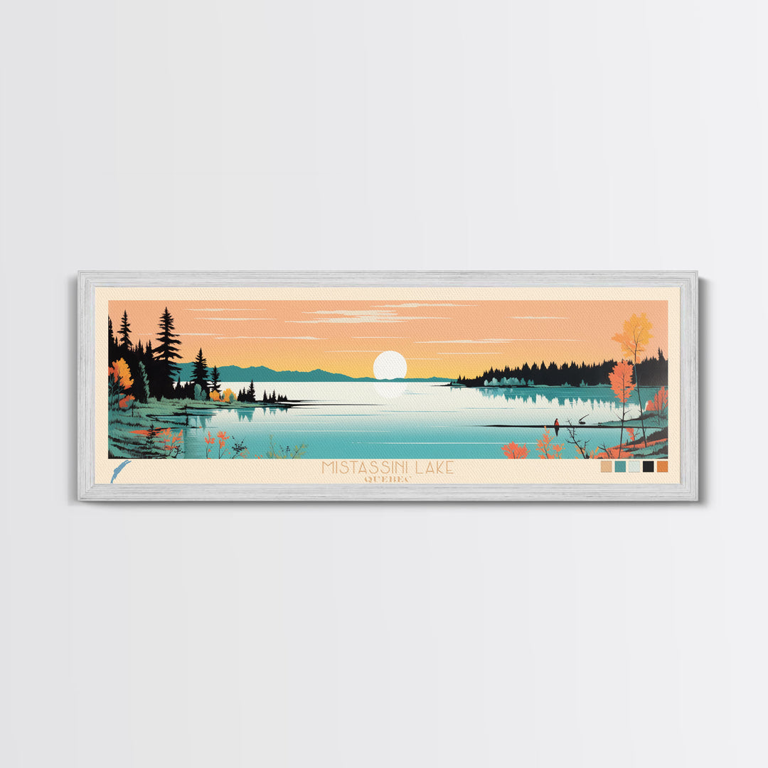 Mistassini Lake, Quebec Framed Canvas Print, Panoramic Wall Art, Midcentury Modern, Pop Art, Home Decor, Travel Poster, Bedroom Art