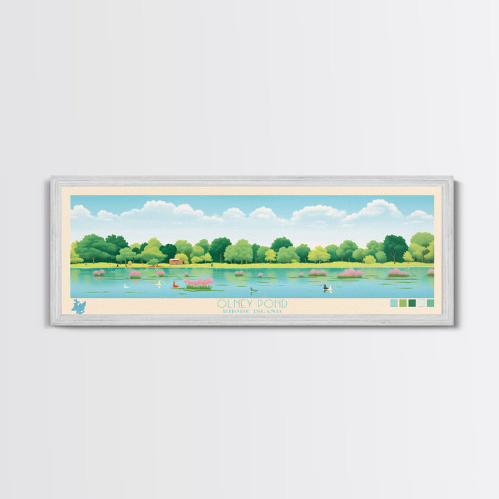 Olney Pond, Rhode Island Framed Canvas Print, Panoramic Wall Art, Midcentury Modern, Pop Art, Home Decor, Travel Poster, Living Room Art