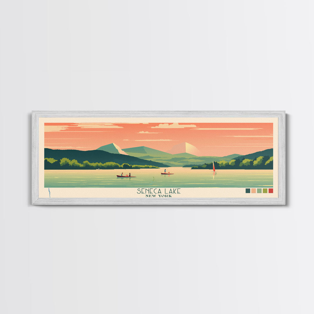 Seneca Lake, New York Framed Canvas Print, Panoramic Wall Art, Midcentury Modern Decor, Pop Art, Bedroom Decoration, Travel Poster