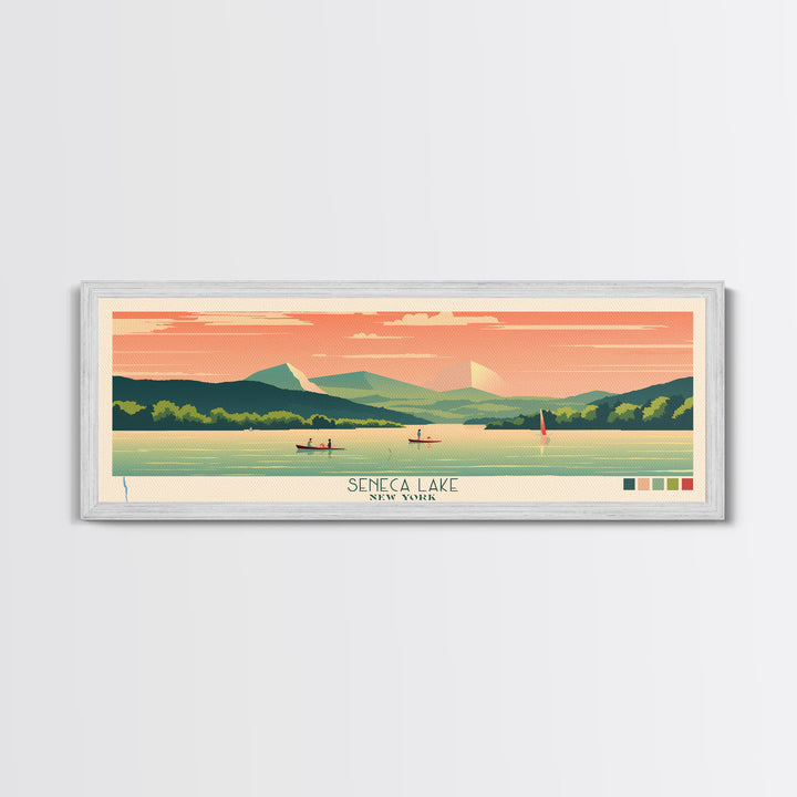 Seneca Lake, New York Framed Canvas Print, Panoramic Wall Art, Midcentury Modern Decor, Pop Art, Bedroom Decoration, Travel Poster