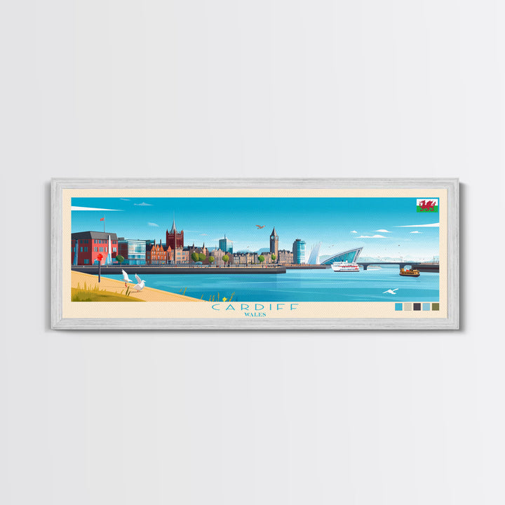 Cardiff, Wales Travel Poster Panoramic Canvas Print, Cardiff, Wales Painting, Wales Art, Cardiff Travel Art, Guest Room Painting