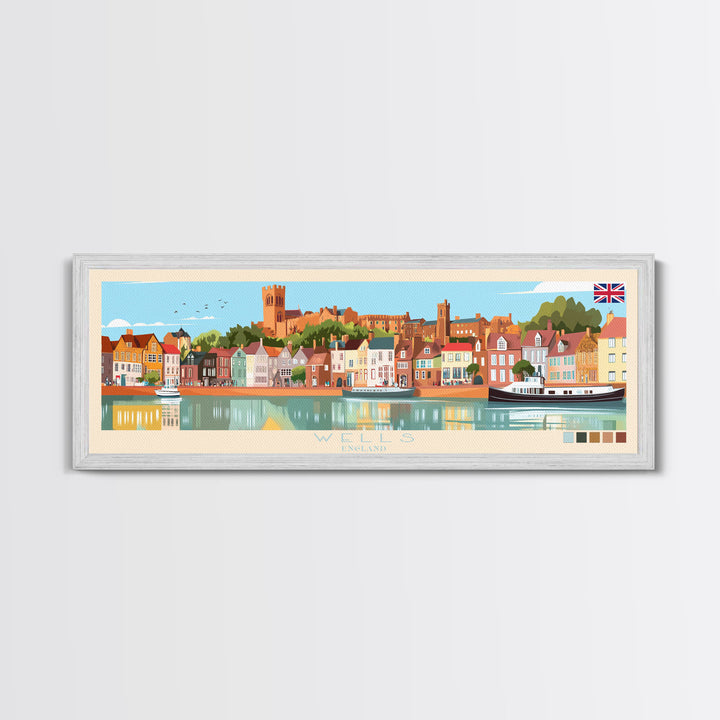 Wells, England Panoramic Travel Poster Canvas Print, Wells, England Painting, England Art, Wells Travel Art, Guest Room Painting