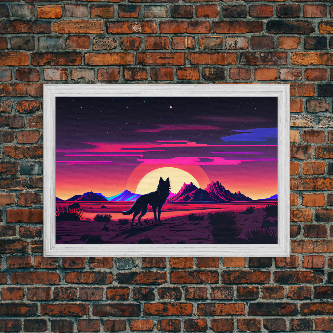 Cute fox in a Utah desert landscape, framed canvas print, framed wall art, synthwave art