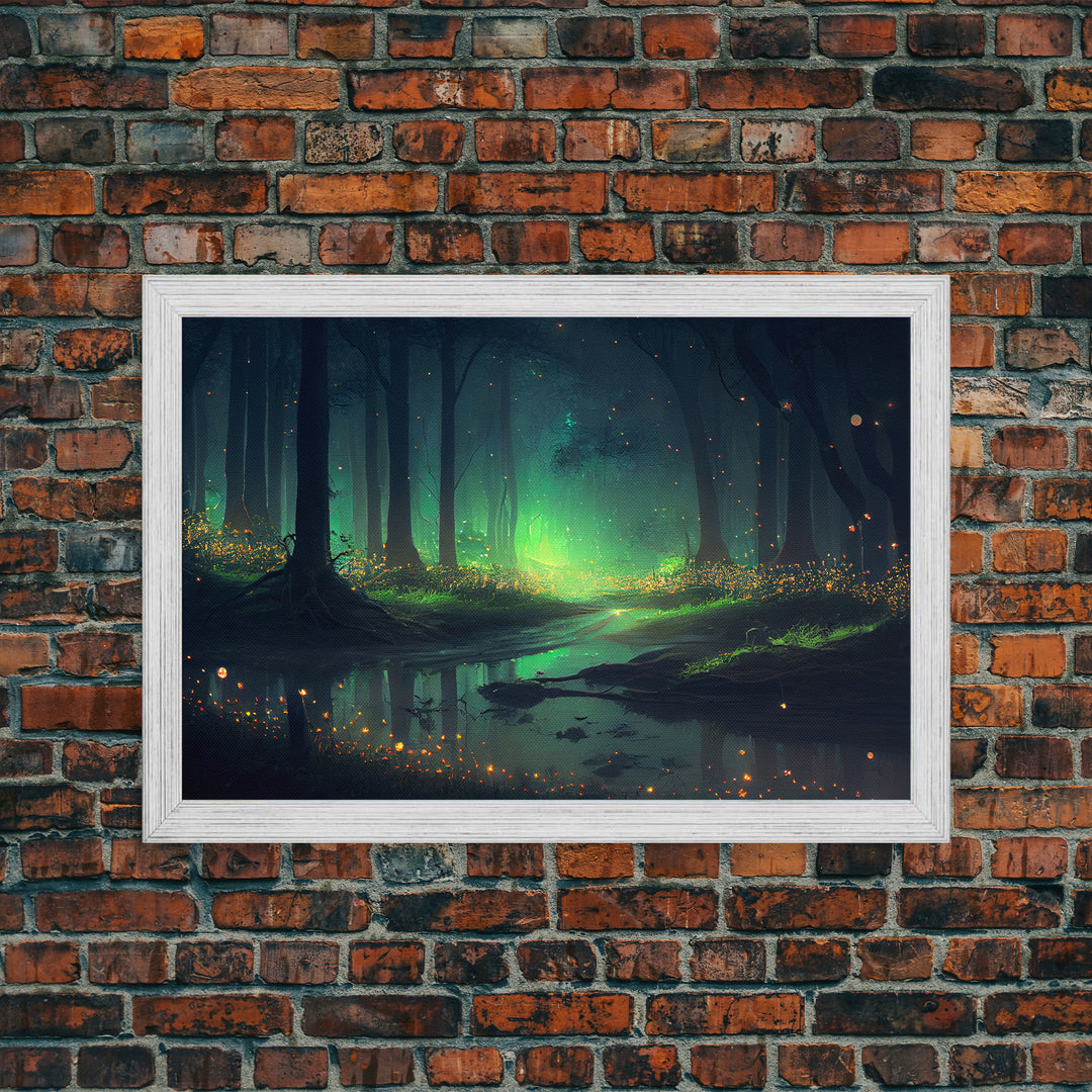 Fireflies In Forest Swamp Night Green Wall Poster, Wall Decor, Wall Art Print, Fine Art Print