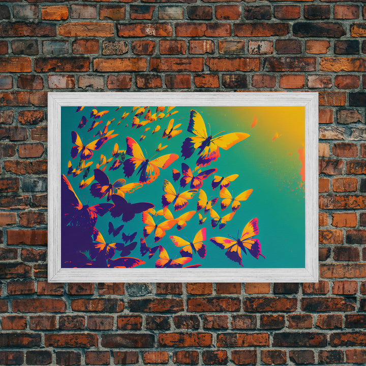 Synthwave Tangerine butterflies, beautiful butterfly art, framed canvas print, framed wall art