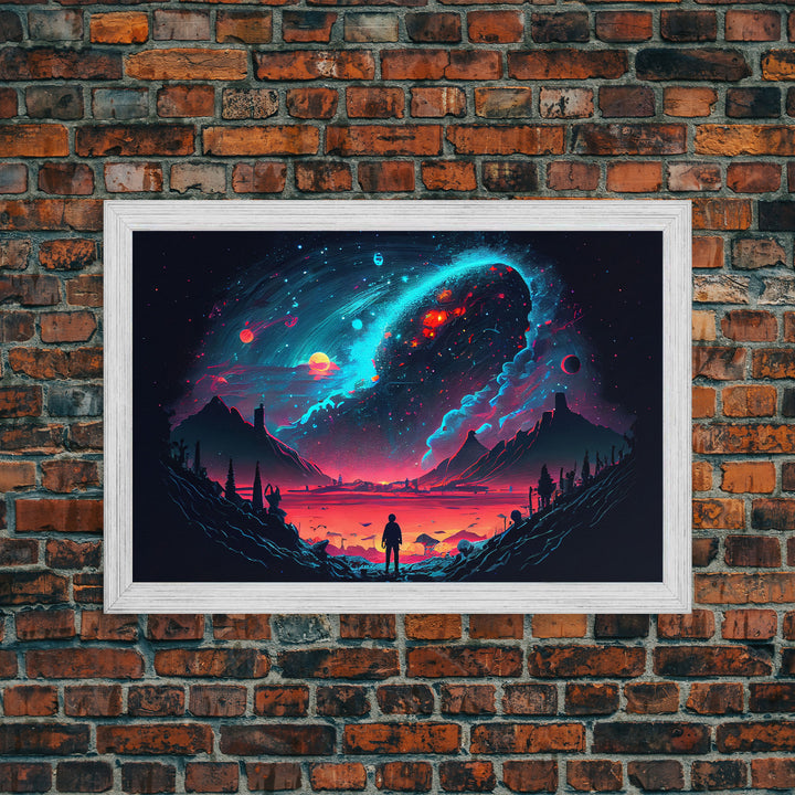 Strange new worlds among  the stars, scifi retrowave art, framed canvas print, unique wall art